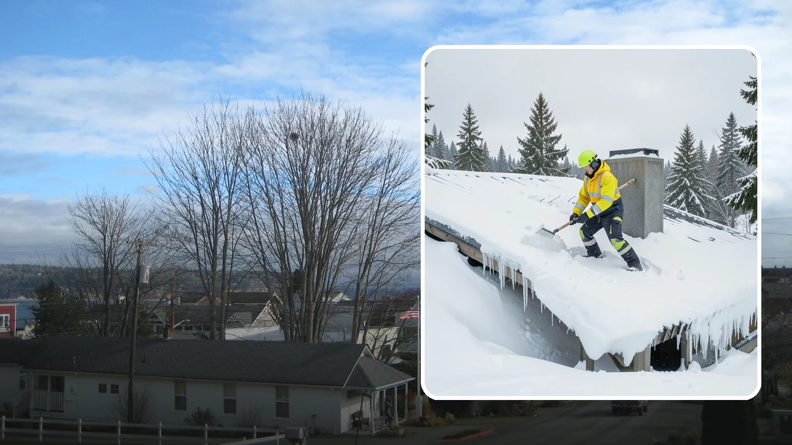 Roof Edge Clearing in Langley, Island County, WA - We clear the roof edge and overhang zone where snow and ice concentrate above walkways and entrances.