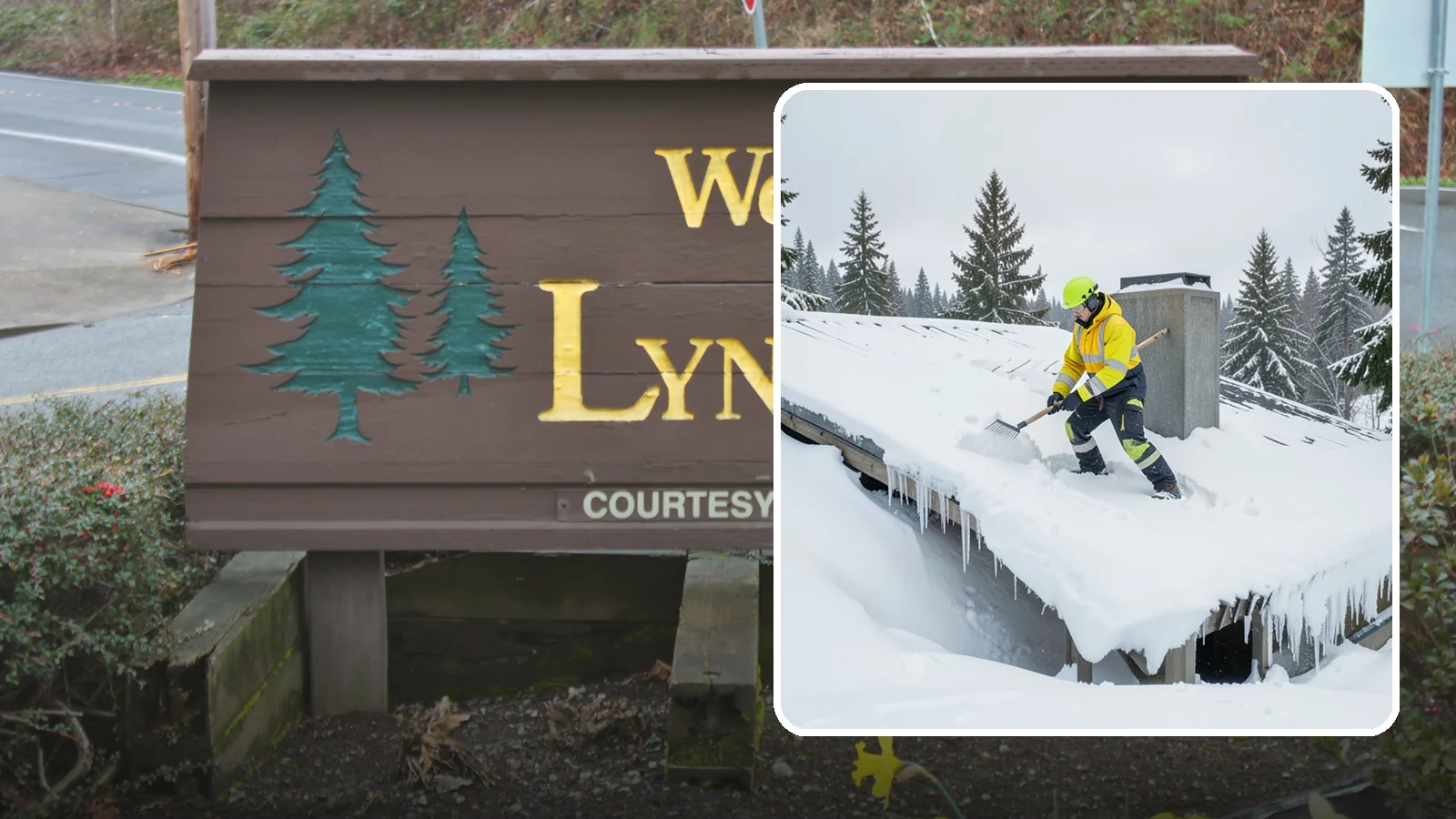 Roof Edge Clearing in Lynnwood, Snohomish County, WA - We clear the roof edge and overhang zone where snow and ice concentrate above walkways and entrances.