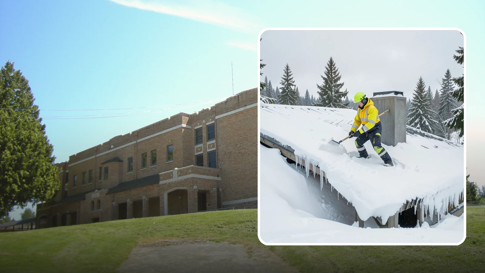 Roof Edge Clearing in Maple Valley, King County, WA - We clear the roof edge and overhang zone where snow and ice concentrate above walkways and entrances.
