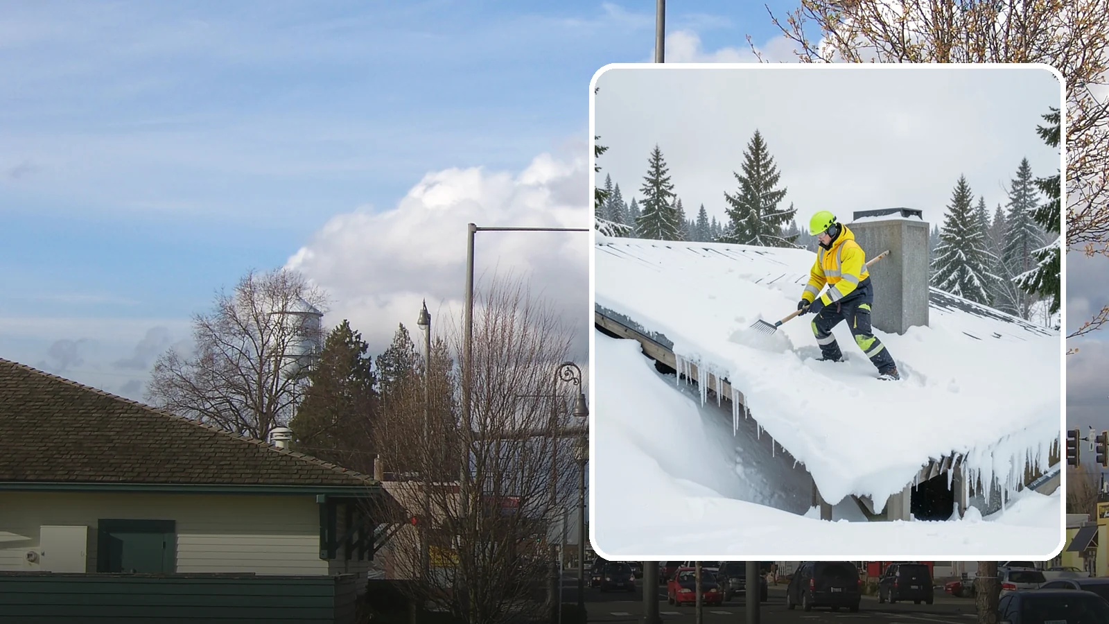 Roof Edge Clearing in Marysville, Snohomish County, WA - We clear the roof edge and overhang zone where snow and ice concentrate above walkways and entrances.