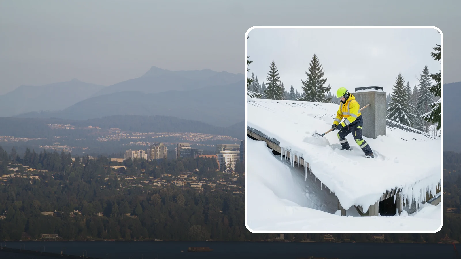 Roof Edge Clearing in Medina, King County, WA - We clear the roof edge and overhang zone where snow and ice concentrate above walkways and entrances.