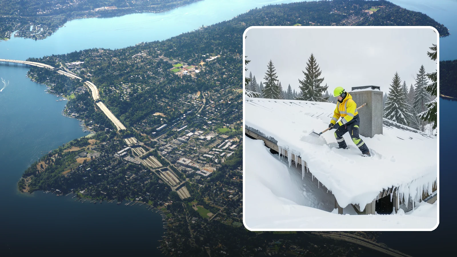 Roof Edge Clearing in Mercer Island, King County, WA - We clear the roof edge and overhang zone where snow and ice concentrate above walkways and entrances.