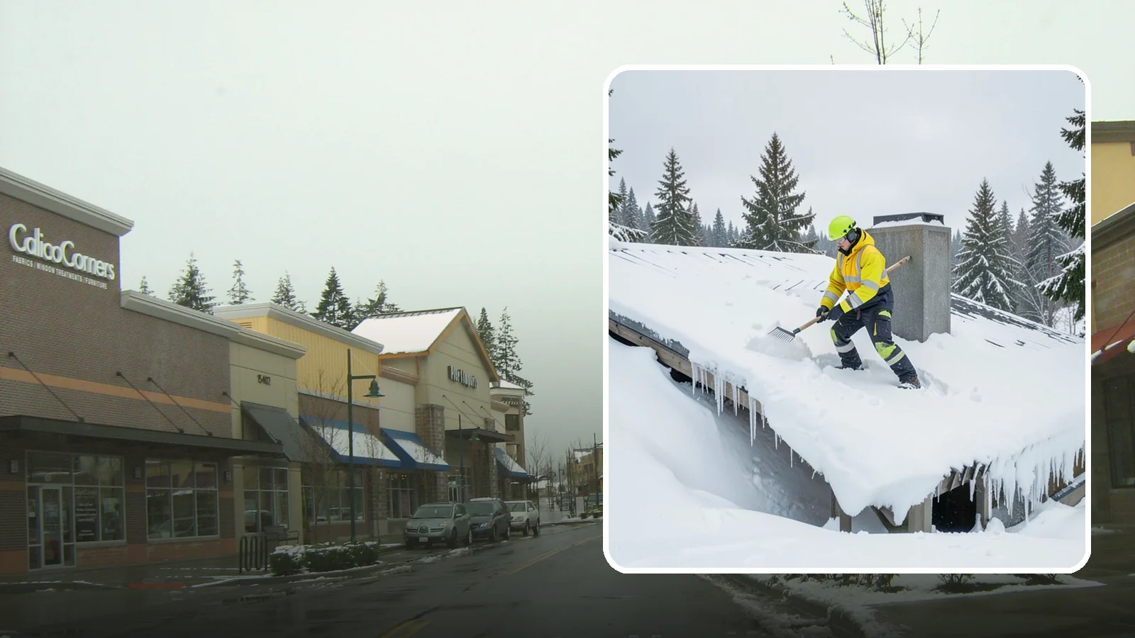 Roof Edge Clearing in Mill Creek, Snohomish County, WA - We clear the roof edge and overhang zone where snow and ice concentrate above walkways and entrances.