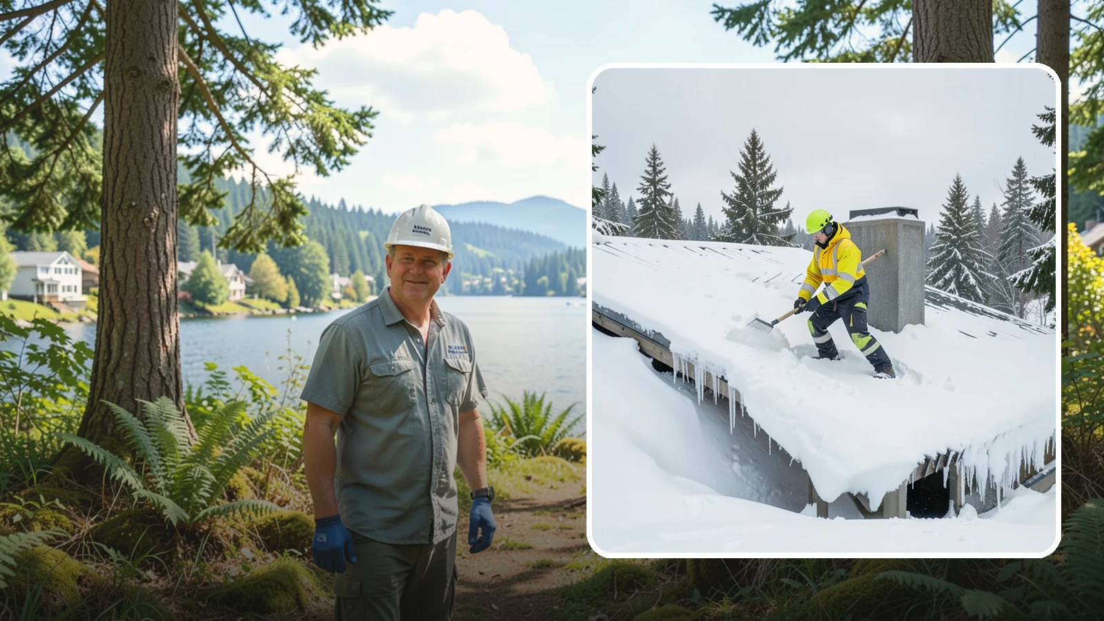 Roof Edge Clearing in Milton, King County, WA - We clear the roof edge and overhang zone where snow and ice concentrate above walkways and entrances.