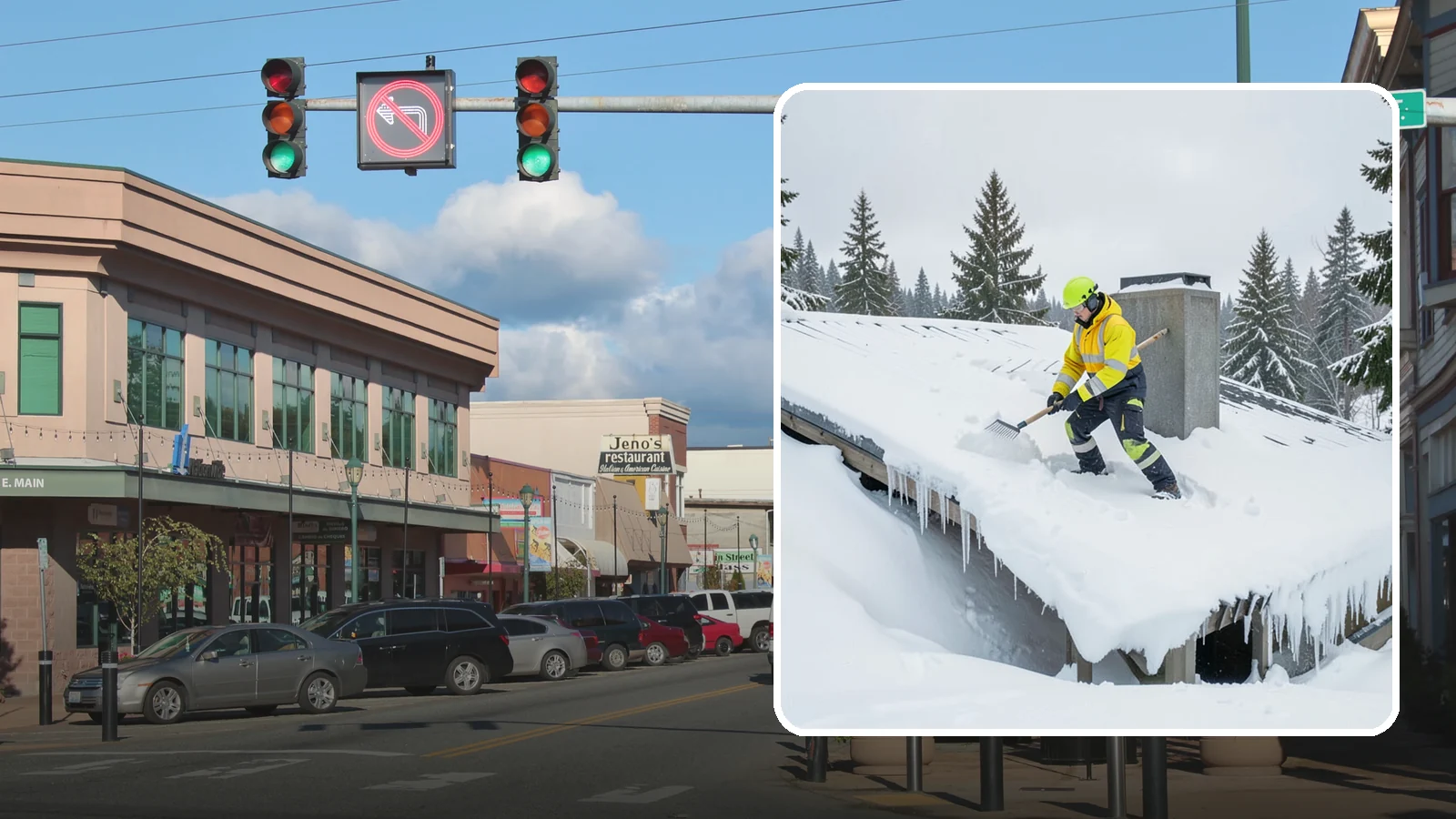 Roof Edge Clearing in Monroe, Snohomish County, WA - We clear the roof edge and overhang zone where snow and ice concentrate above walkways and entrances.