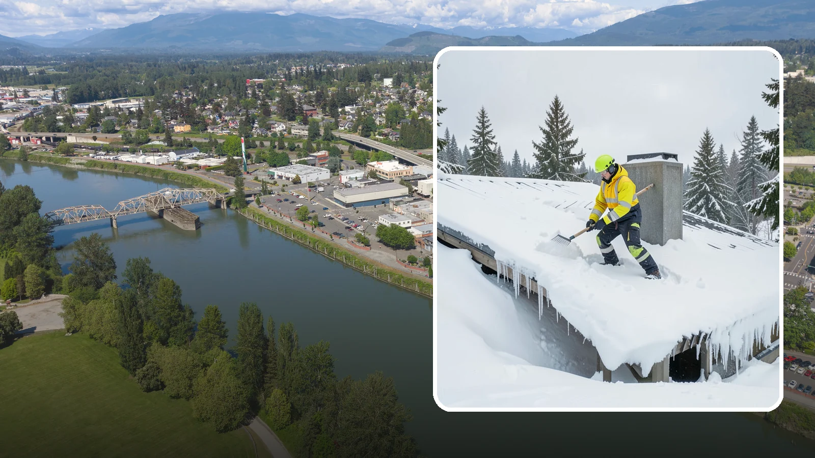 Roof Edge Clearing in Mount Vernon, Skagit County, WA - We clear the roof edge and overhang zone where snow and ice concentrate above walkways and entrances.