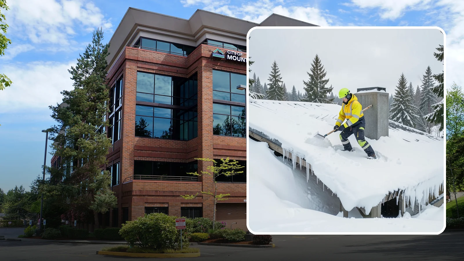 Roof Edge Clearing in Mountlake Terrace, Snohomish County, WA - We clear the roof edge and overhang zone where snow and ice concentrate above walkways and entrances.