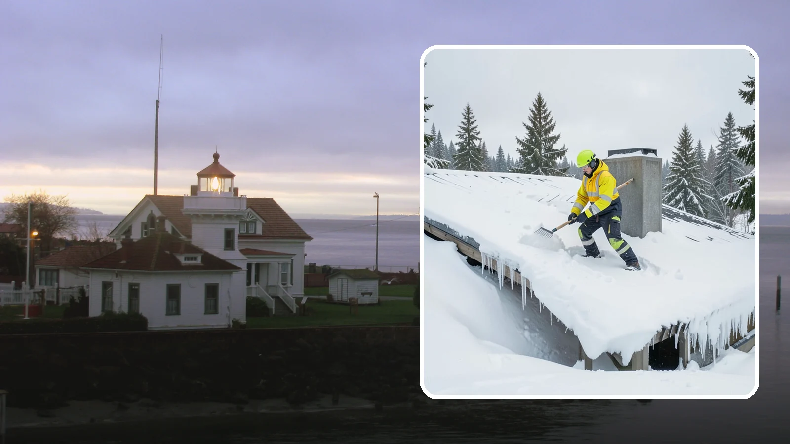 Roof Edge Clearing in Mukilteo, Snohomish County, WA - We clear the roof edge and overhang zone where snow and ice concentrate above walkways and entrances.