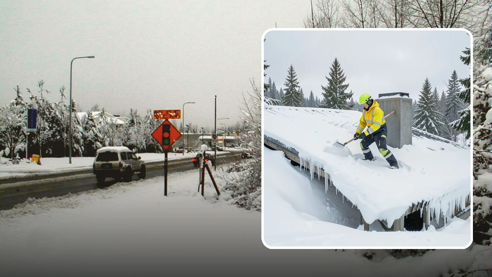 Roof Edge Clearing in Newcastle, King County, WA - We clear the roof edge and overhang zone where snow and ice concentrate above walkways and entrances.