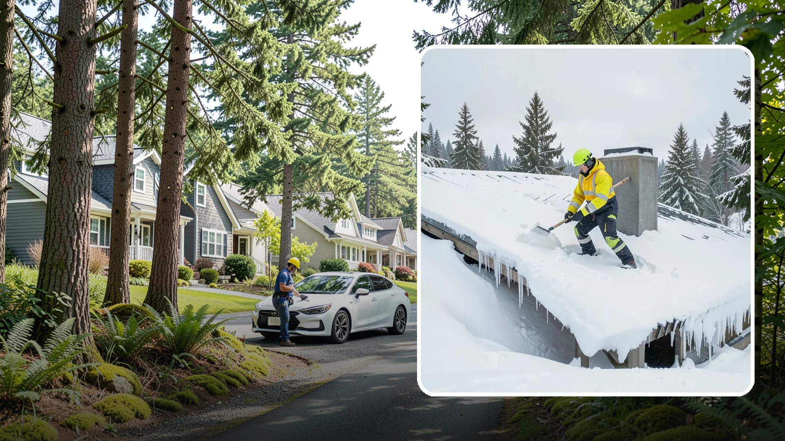 Roof Edge Clearing in Normandy Park, King County, WA - We clear the roof edge and overhang zone where snow and ice concentrate above walkways and entrances.