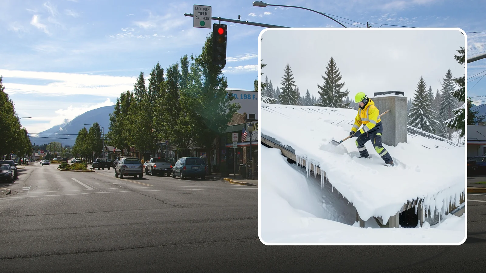 Roof Edge Clearing in North Bend, King County, WA - We clear the roof edge and overhang zone where snow and ice concentrate above walkways and entrances.