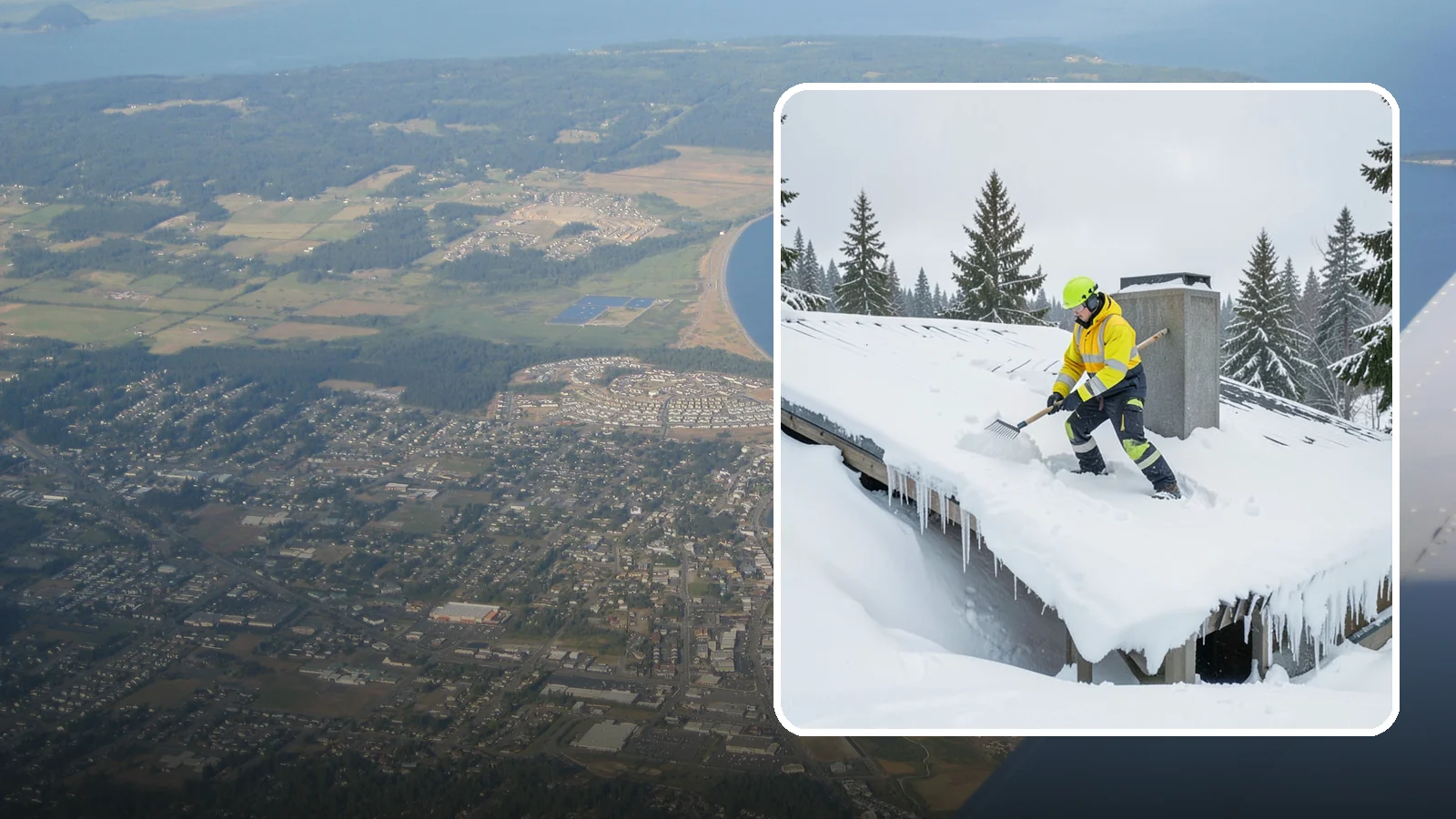 Roof Edge Clearing in Oak Harbor, Island County, WA - We clear the roof edge and overhang zone where snow and ice concentrate above walkways and entrances.
