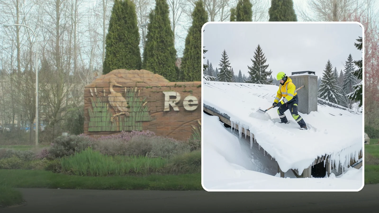 Roof Edge Clearing in Renton, King County, WA - We clear the roof edge and overhang zone where snow and ice concentrate above walkways and entrances.