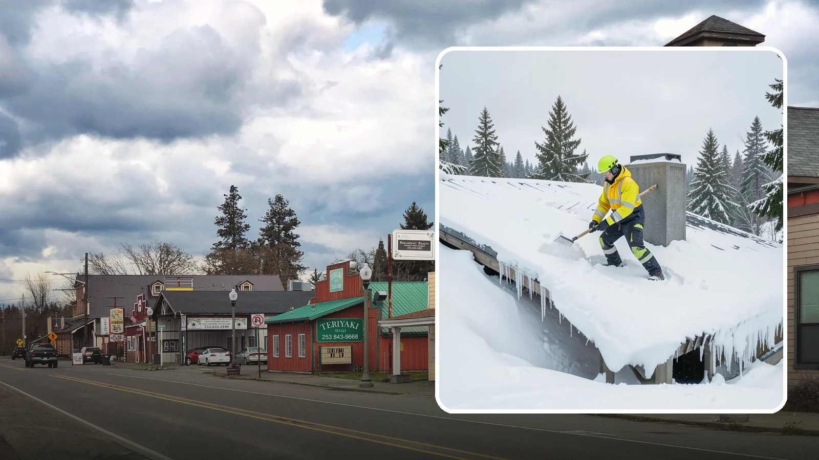 Roof Edge Clearing in Roy, Pierce County, WA - We clear the roof edge and overhang zone where snow and ice concentrate above walkways and entrances.