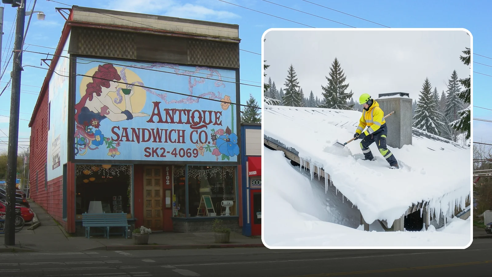 Roof Edge Clearing in Ruston, Pierce County, WA - We clear the roof edge and overhang zone where snow and ice concentrate above walkways and entrances.