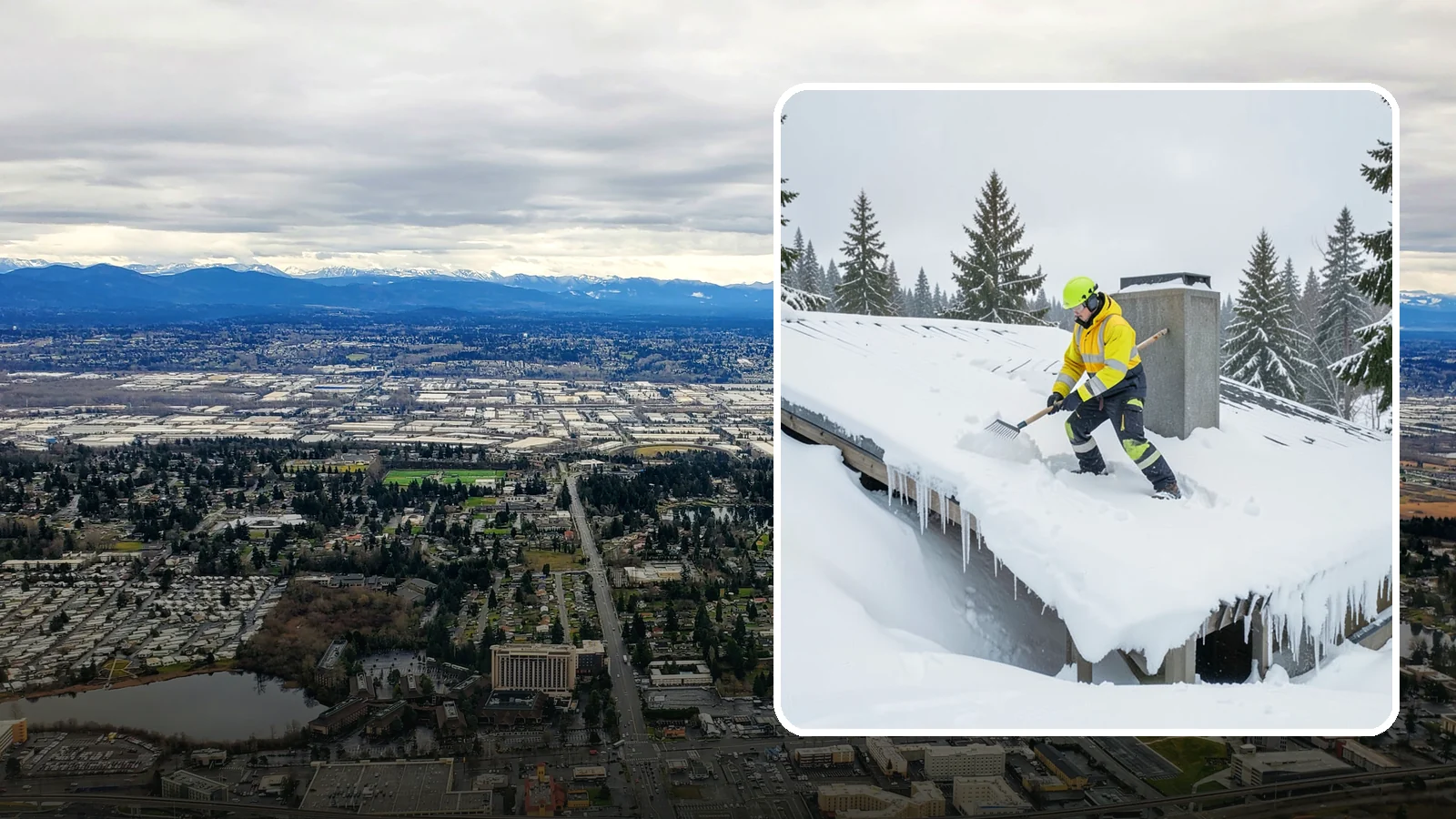 Roof Edge Clearing in SeaTac, King County, WA - We clear the roof edge and overhang zone where snow and ice concentrate above walkways and entrances.