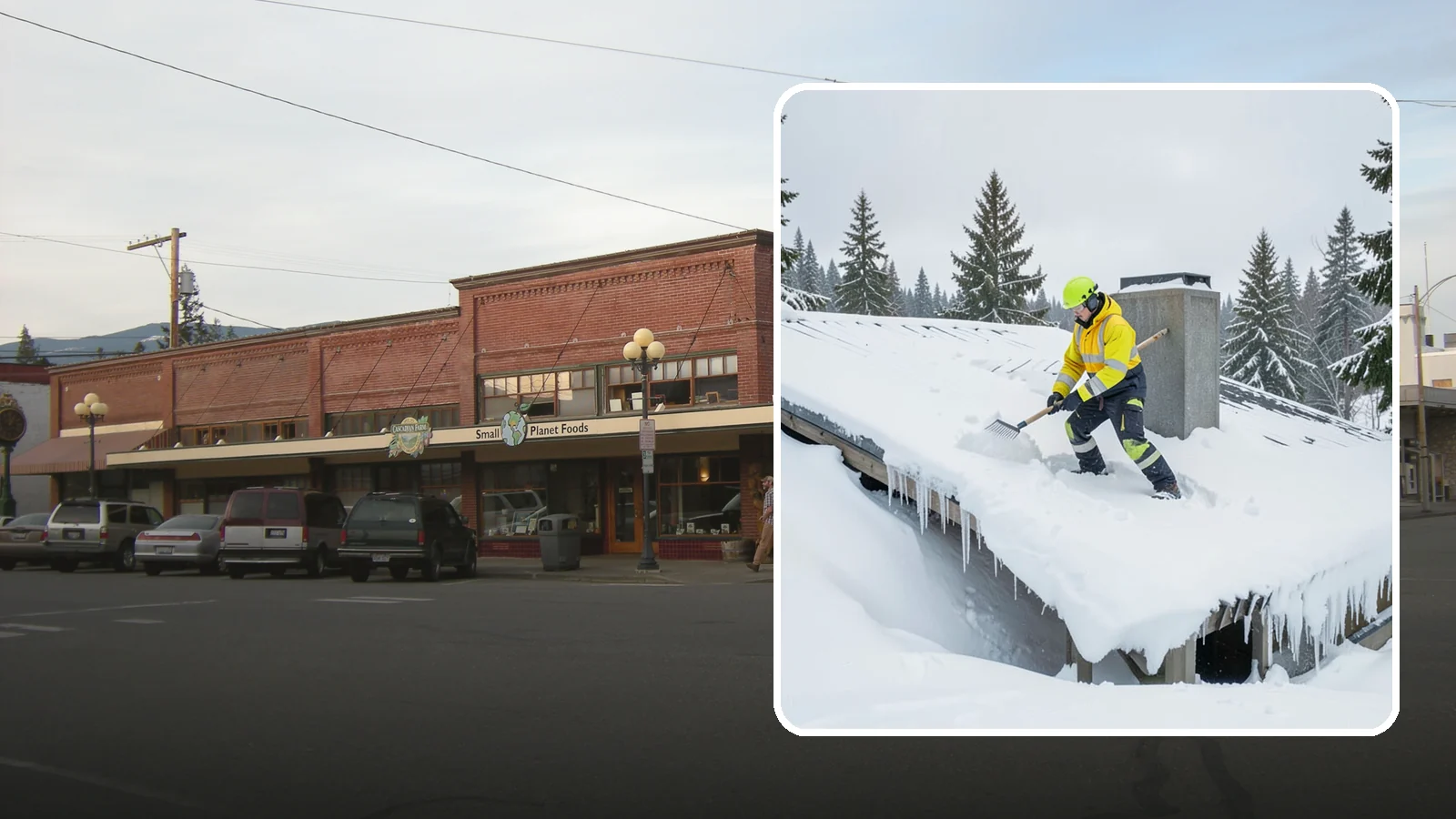 Roof Edge Clearing in Sedro-Woolley, Skagit County, WA - We clear the roof edge and overhang zone where snow and ice concentrate above walkways and entrances.