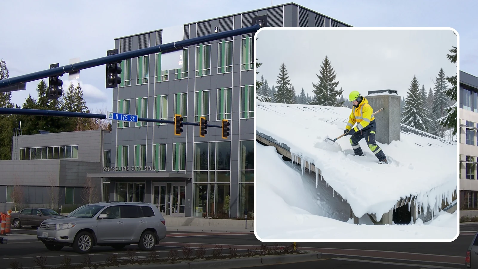 Roof Edge Clearing in Shoreline, King County, WA - We clear the roof edge and overhang zone where snow and ice concentrate above walkways and entrances.