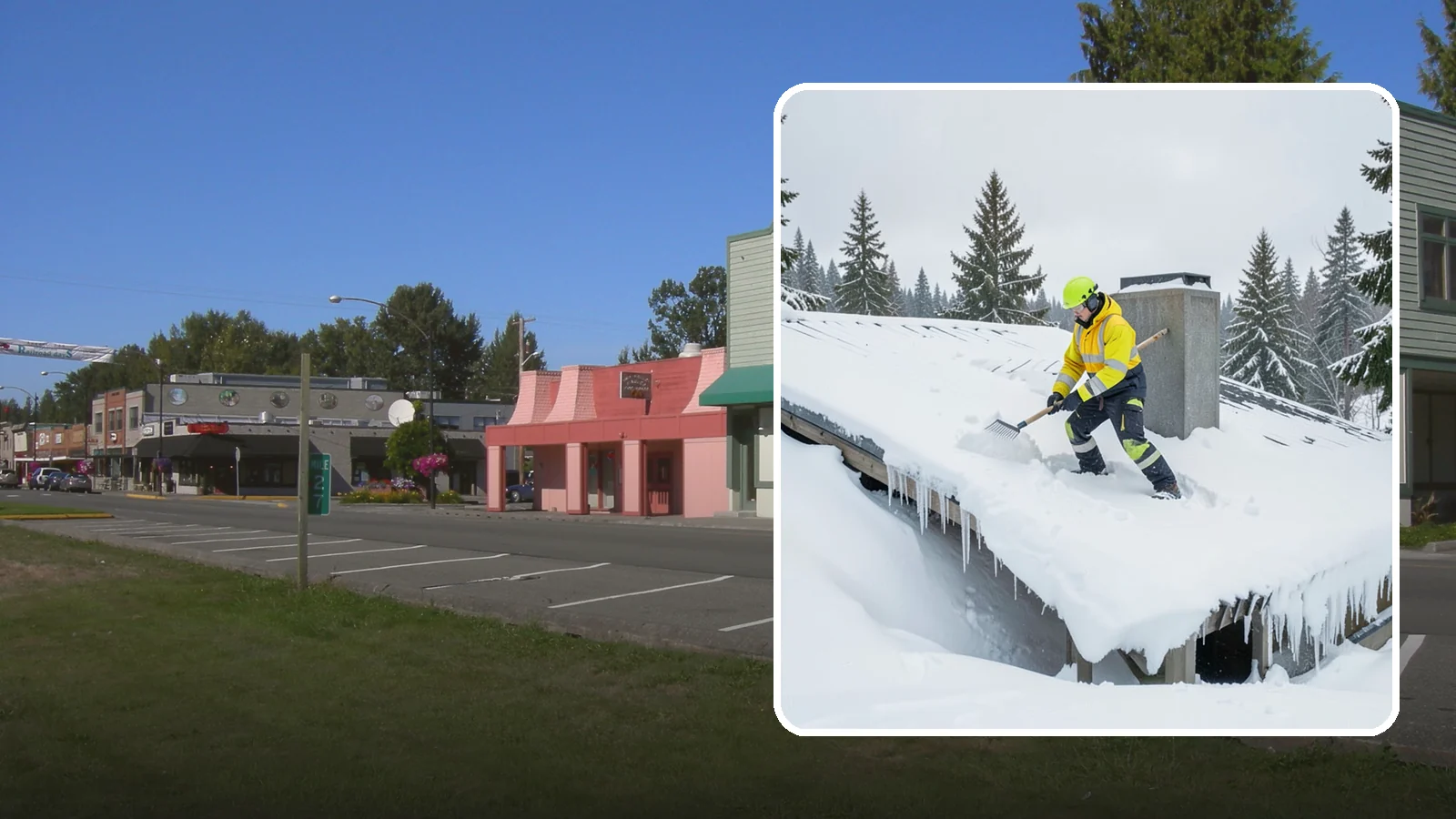 Roof Edge Clearing in Snoqualmie, King County, WA - We clear the roof edge and overhang zone where snow and ice concentrate above walkways and entrances.