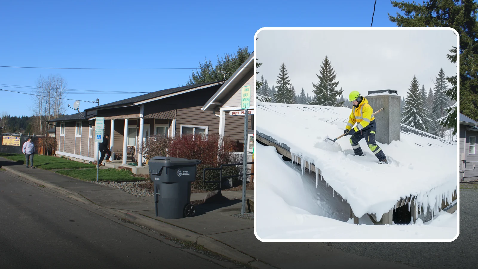 Roof Edge Clearing in South Prairie, Pierce County, WA - We clear the roof edge and overhang zone where snow and ice concentrate above walkways and entrances.