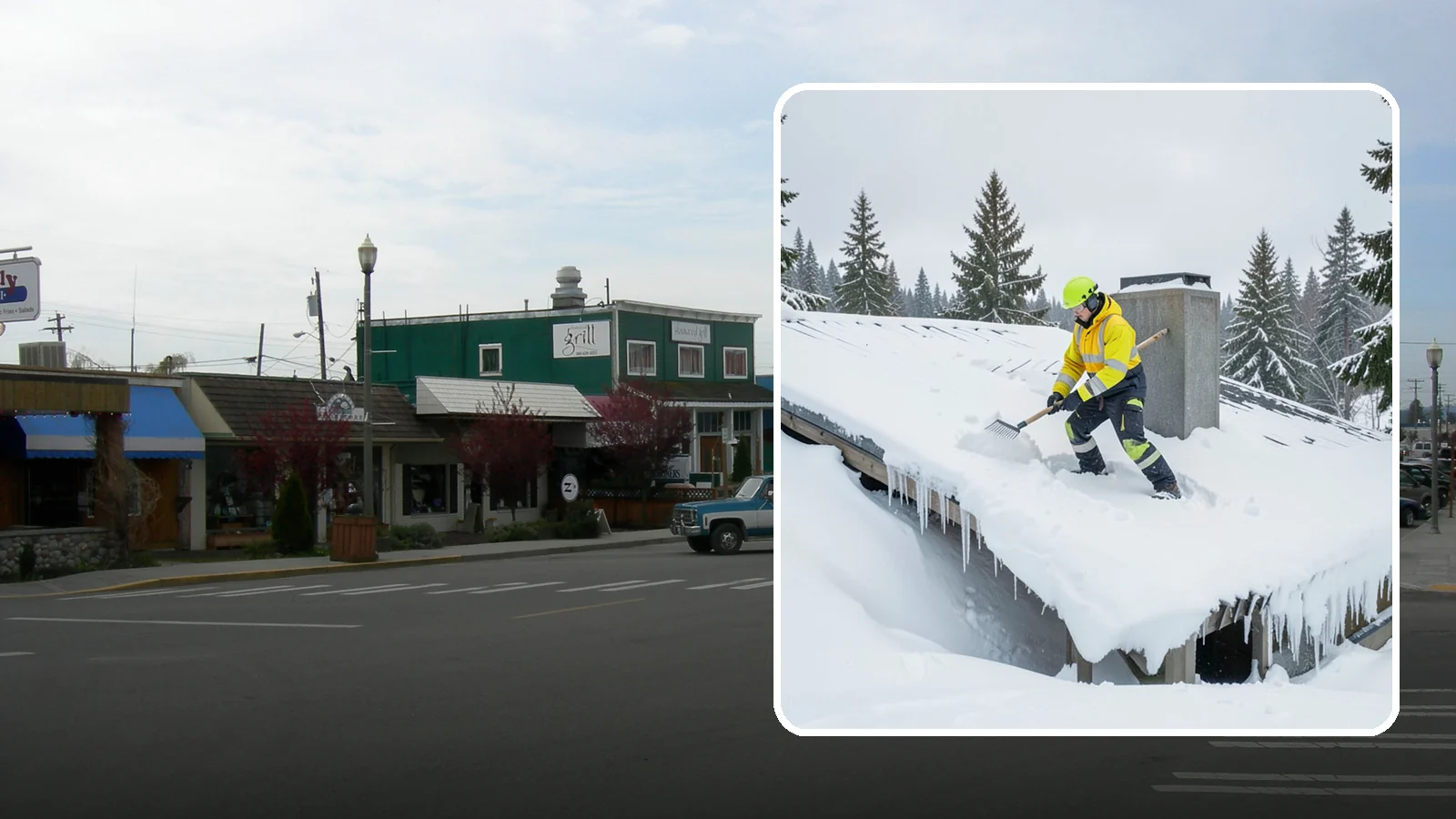 Roof Edge Clearing in Stanwood, Snohomish County, WA - We clear the roof edge and overhang zone where snow and ice concentrate above walkways and entrances.