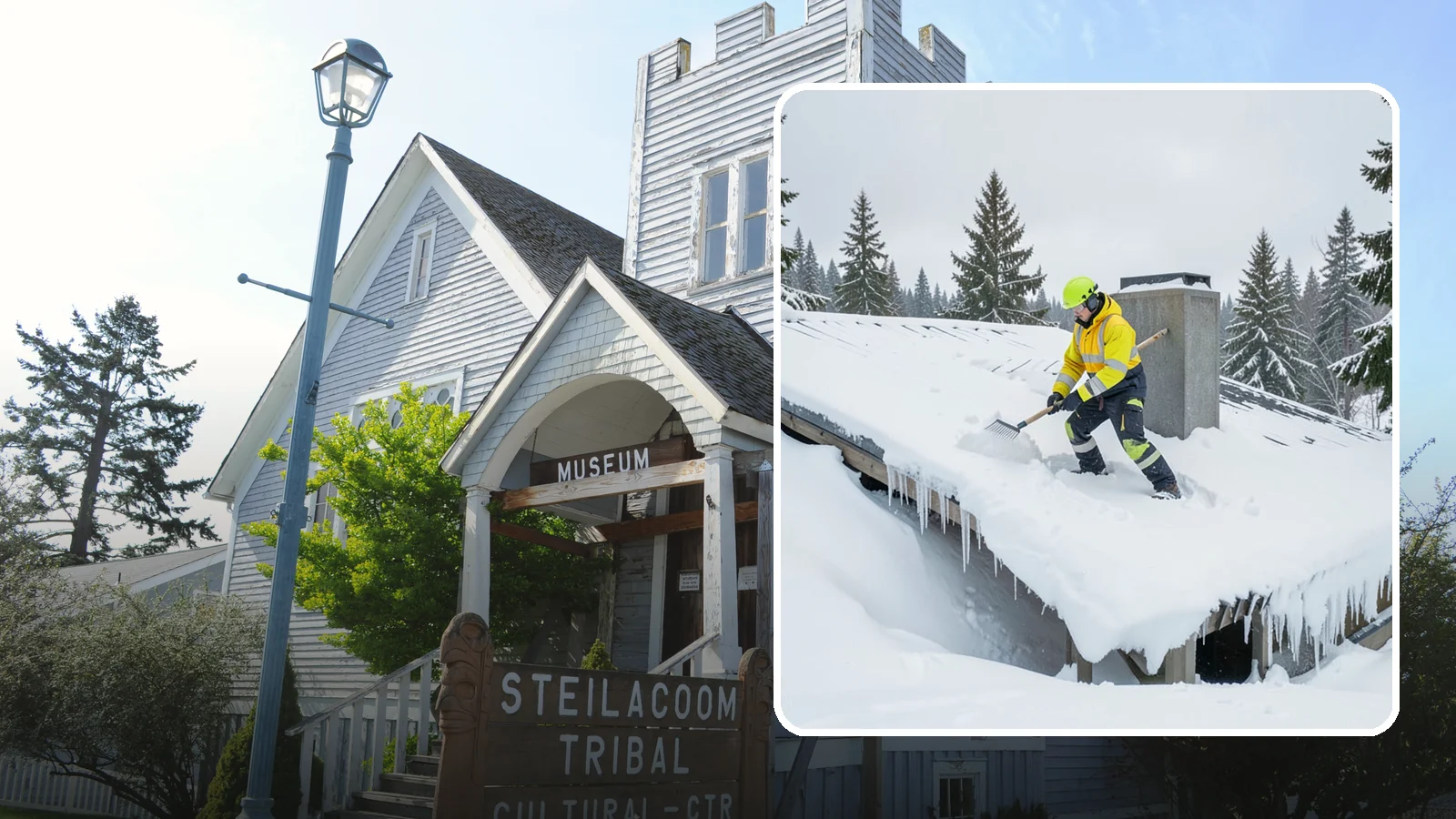 Roof Edge Clearing in Steilacoom, Pierce County, WA - We clear the roof edge and overhang zone where snow and ice concentrate above walkways and entrances.