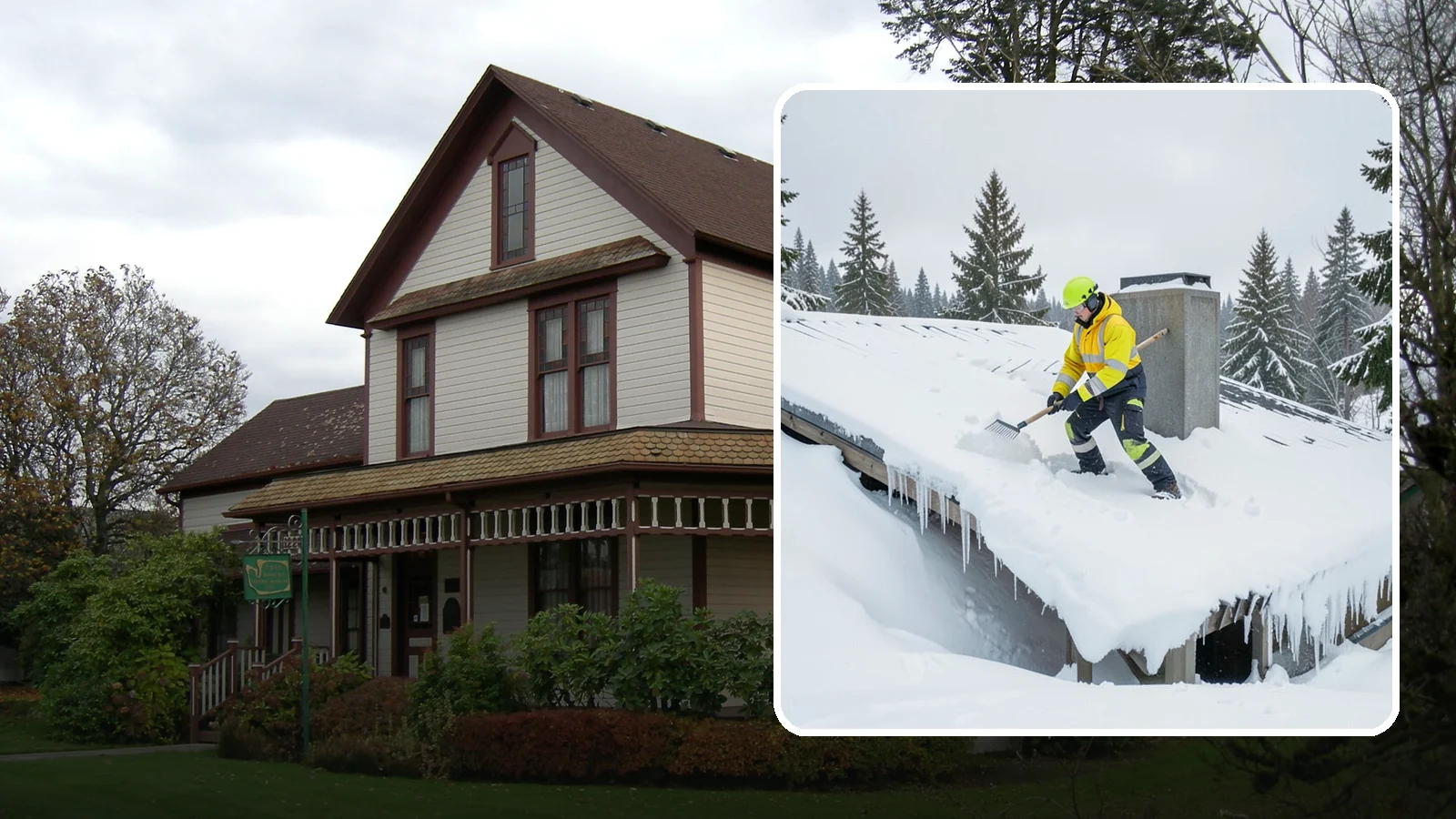 Roof Edge Clearing in Sumner, Pierce County, WA - We clear the roof edge and overhang zone where snow and ice concentrate above walkways and entrances.