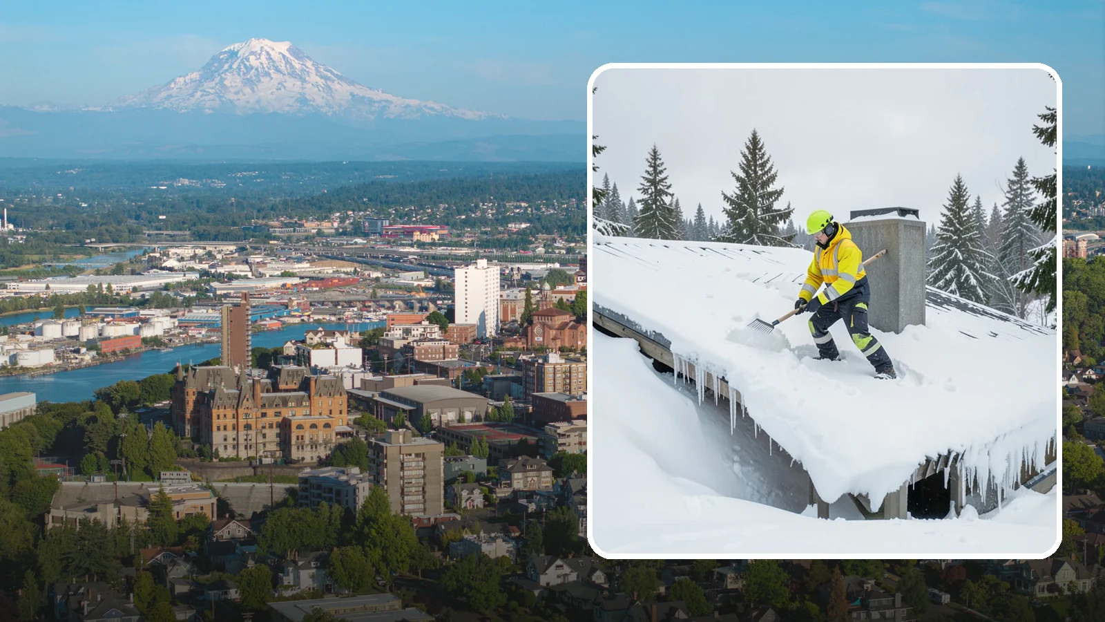 Roof Edge Clearing in Tacoma, Pierce County, WA - We clear the roof edge and overhang zone where snow and ice concentrate above walkways and entrances.