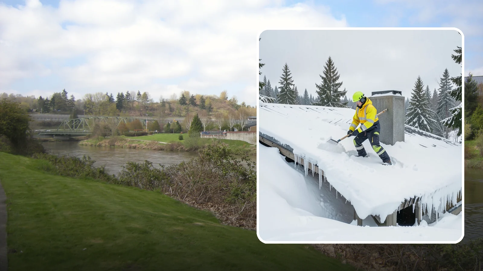 Roof Edge Clearing in Tukwila, King County, WA - We clear the roof edge and overhang zone where snow and ice concentrate above walkways and entrances.