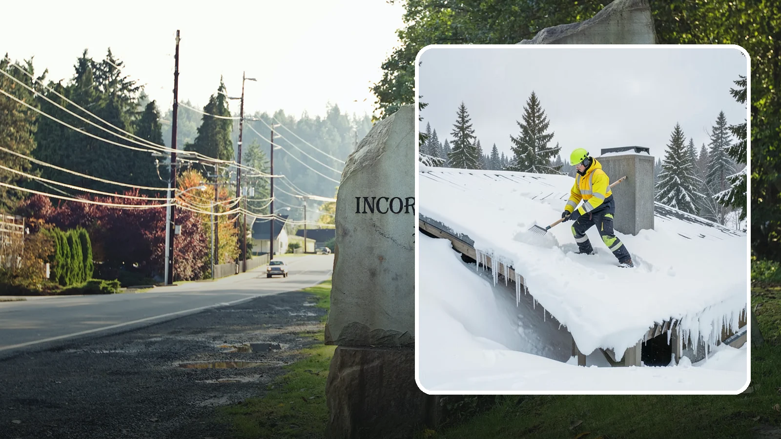 Roof Edge Clearing in Wilkeson, Pierce County, WA - We clear the roof edge and overhang zone where snow and ice concentrate above walkways and entrances.