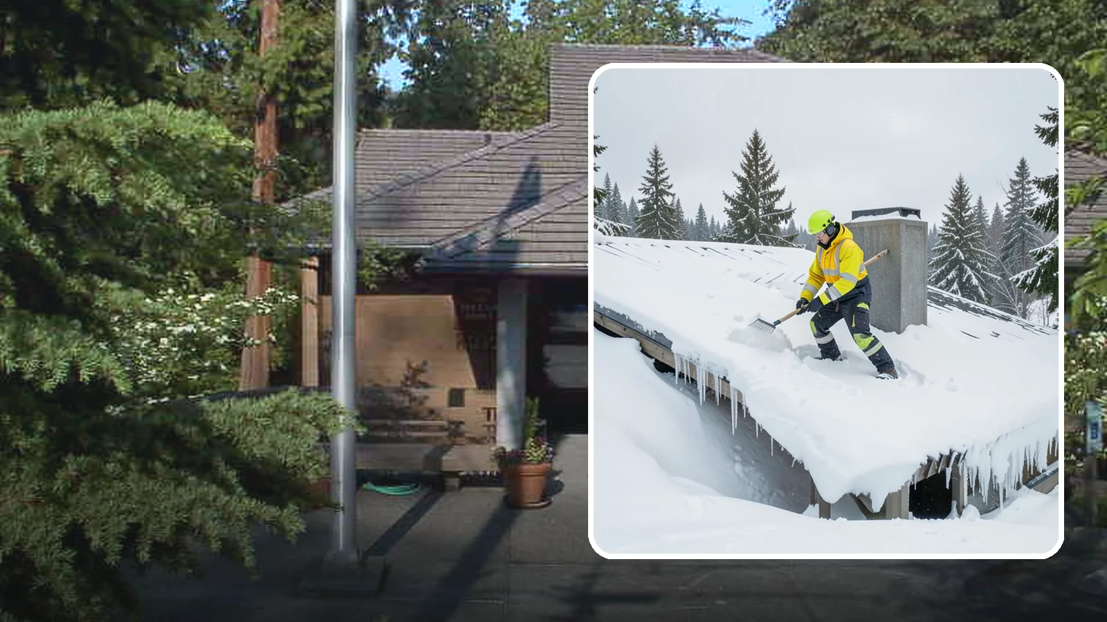 Roof Edge Clearing in Yarrow Point, King County, WA - We clear the roof edge and overhang zone where snow and ice concentrate above walkways and entrances.