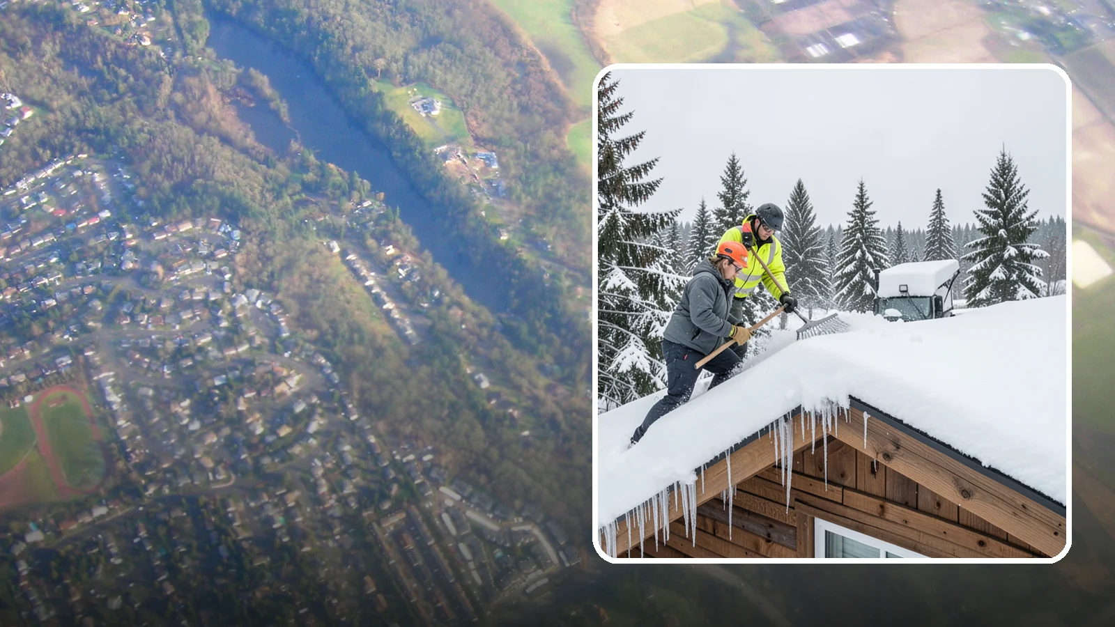 Roof Raking in Algona, King County, WA - We rake snow off the lower roof edge from the ground to reduce load and cut ice dam risk.