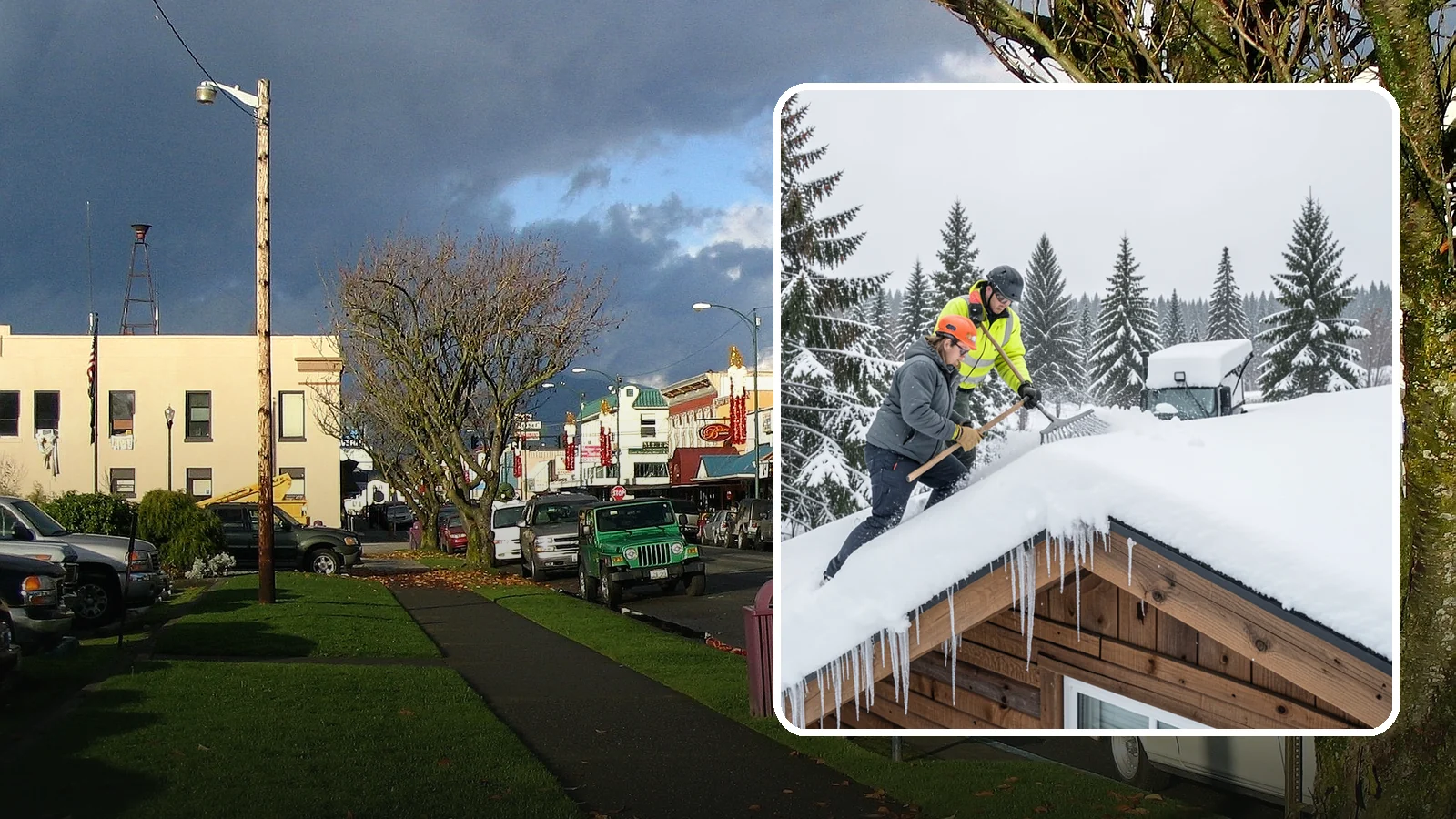 Roof Raking in Arlington, Snohomish County, WA - We rake snow off the lower roof edge from the ground to reduce load and cut ice dam risk.