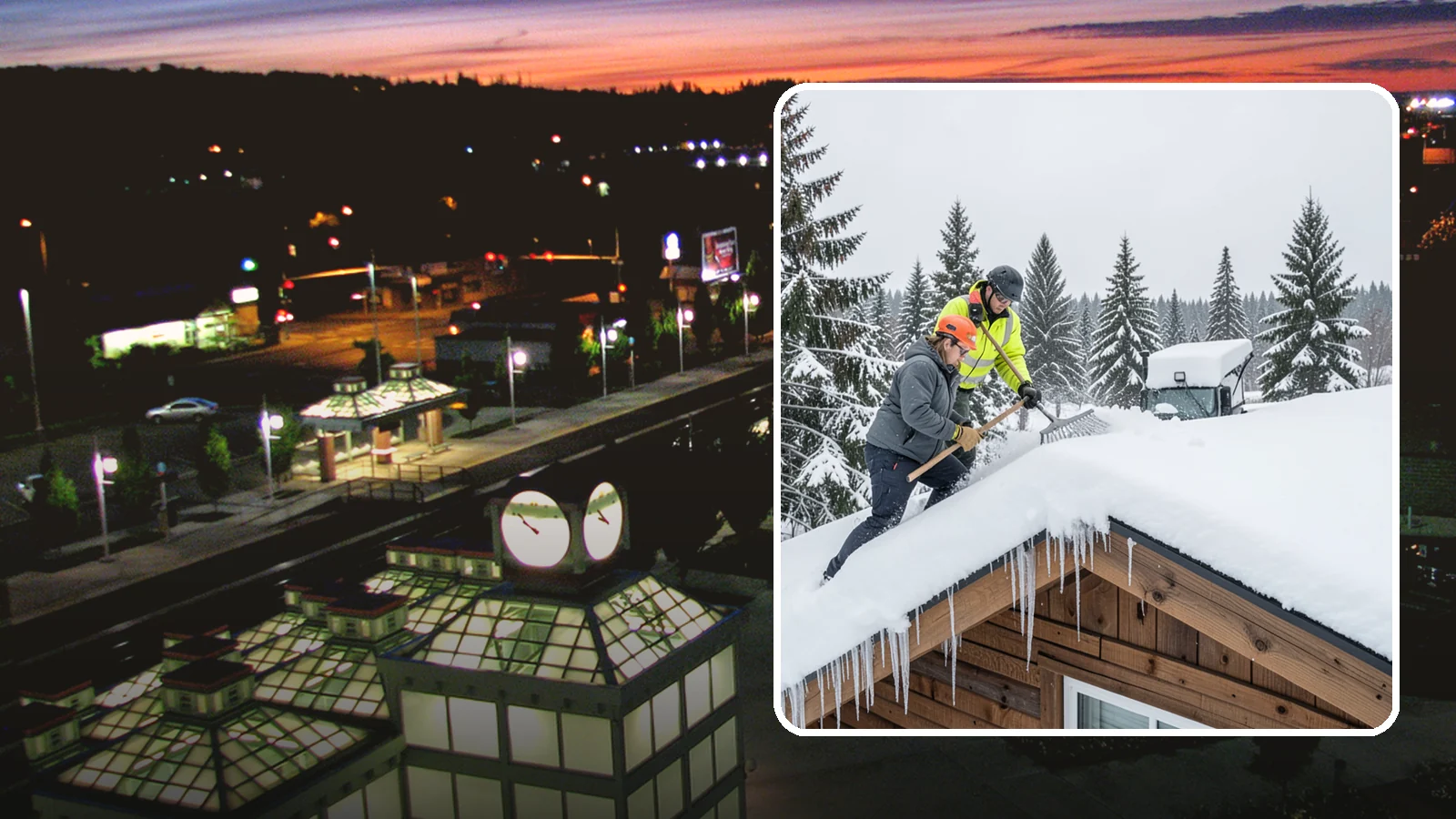 Roof Raking in Auburn, King County, WA - We rake snow off the lower roof edge from the ground to reduce load and cut ice dam risk.