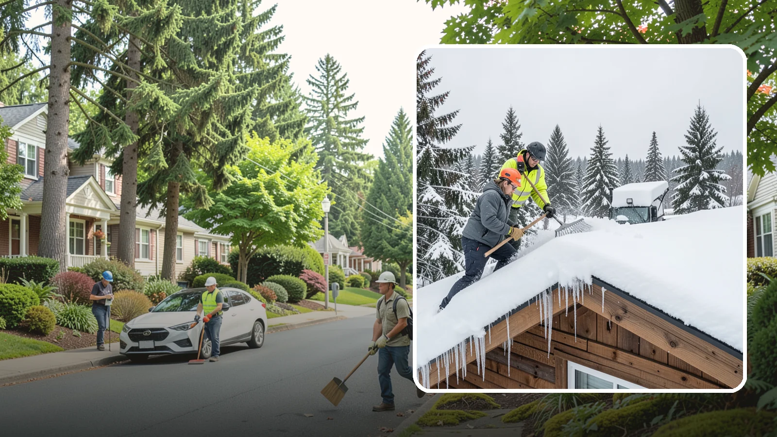 Roof Raking in Beaux Arts Village, King County, WA - We rake snow off the lower roof edge from the ground to reduce load and cut ice dam risk.