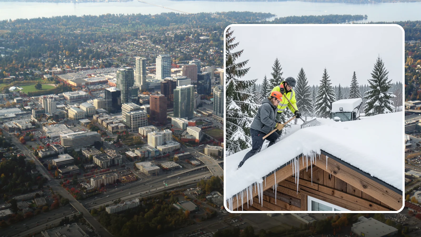 Roof Raking in Bellevue, King County, WA - We rake snow off the lower roof edge from the ground to reduce load and cut ice dam risk.