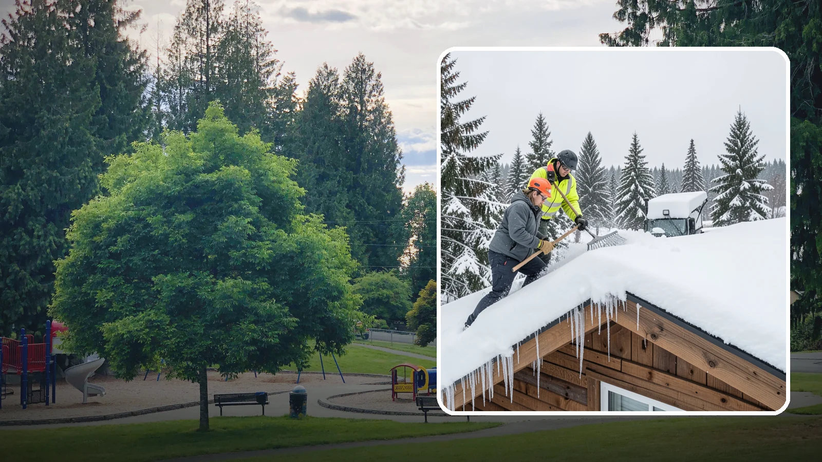 Roof Raking in Bonney Lake, Pierce County, WA - We rake snow off the lower roof edge from the ground to reduce load and cut ice dam risk.