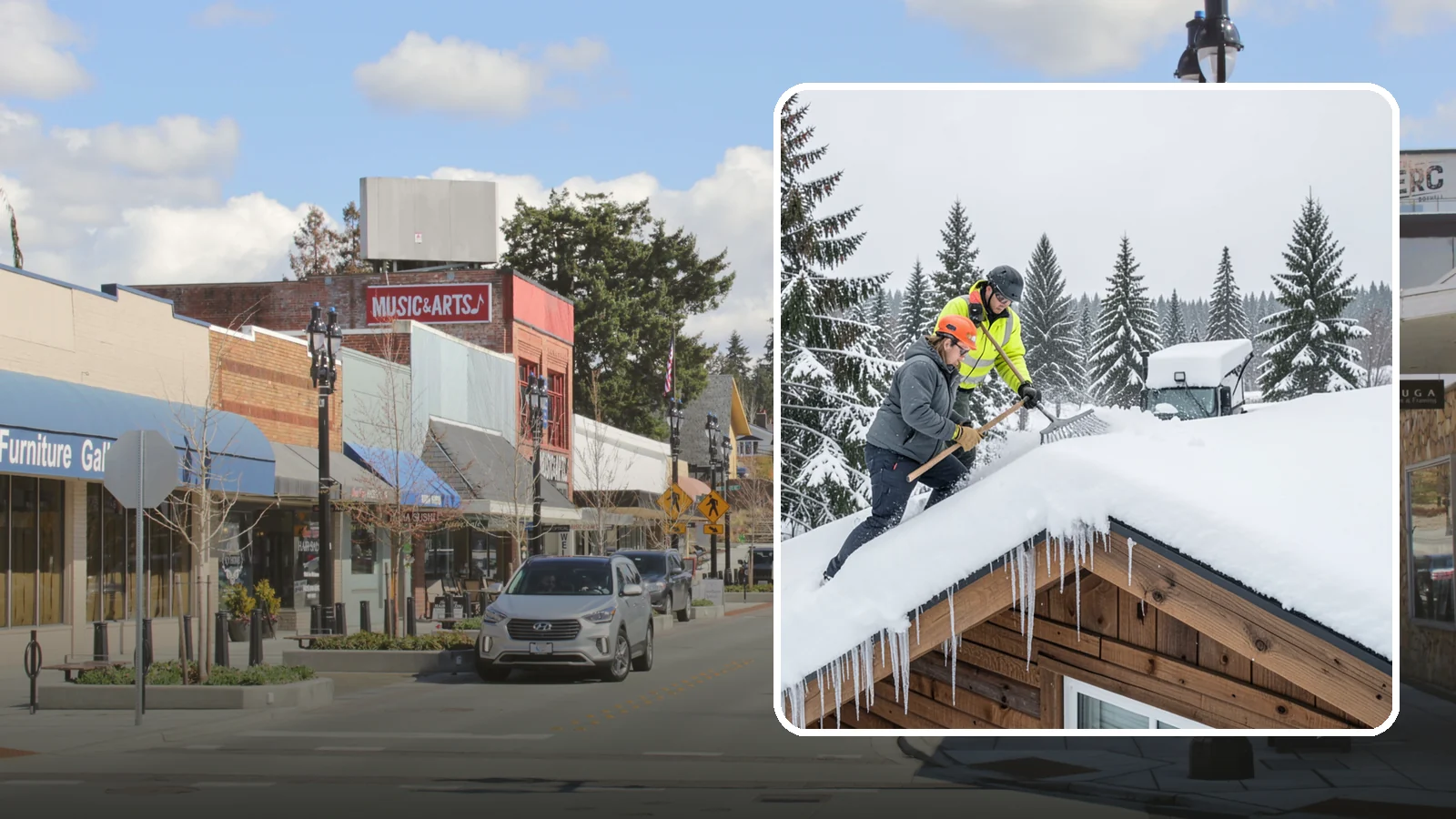 Roof Raking in Bothell, King County, WA - We rake snow off the lower roof edge from the ground to reduce load and cut ice dam risk.