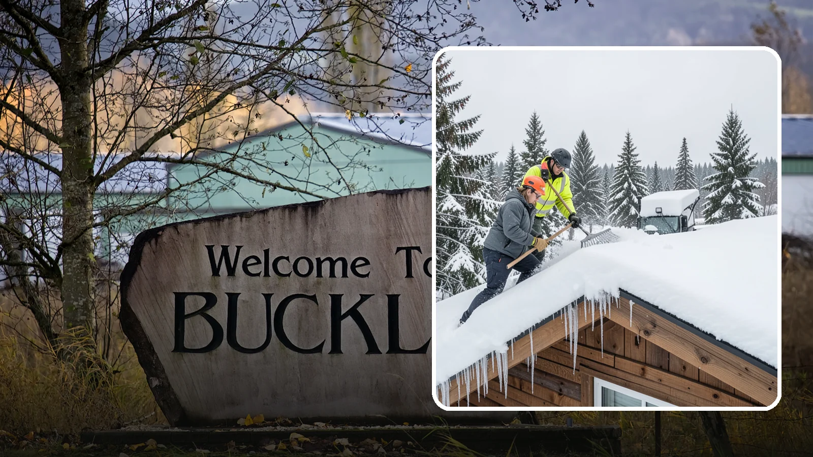 Roof Raking in Buckley, Pierce County, WA - We rake snow off the lower roof edge from the ground to reduce load and cut ice dam risk.