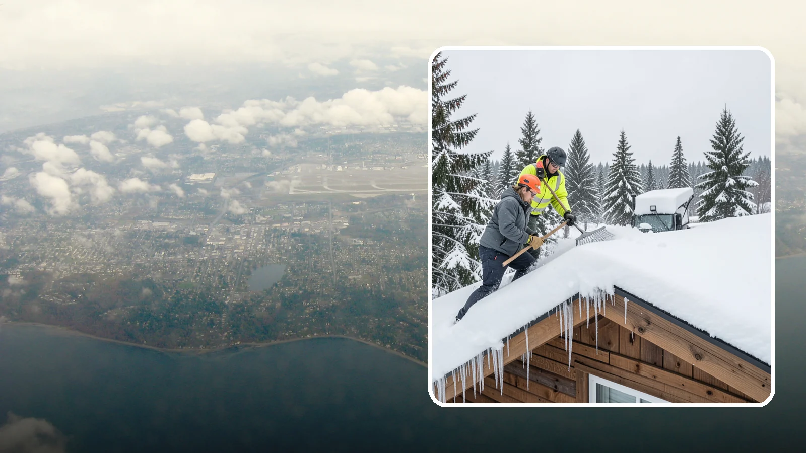 Roof Raking in Burien, King County, WA - We rake snow off the lower roof edge from the ground to reduce load and cut ice dam risk.