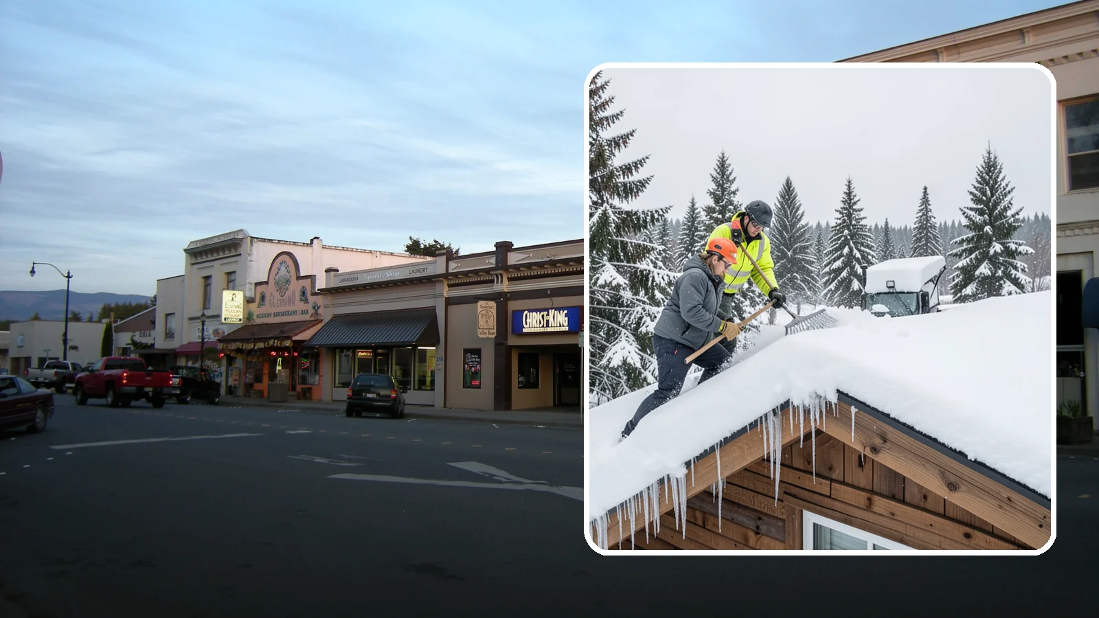 Roof Raking in Burlington, Skagit County, WA - We rake snow off the lower roof edge from the ground to reduce load and cut ice dam risk.