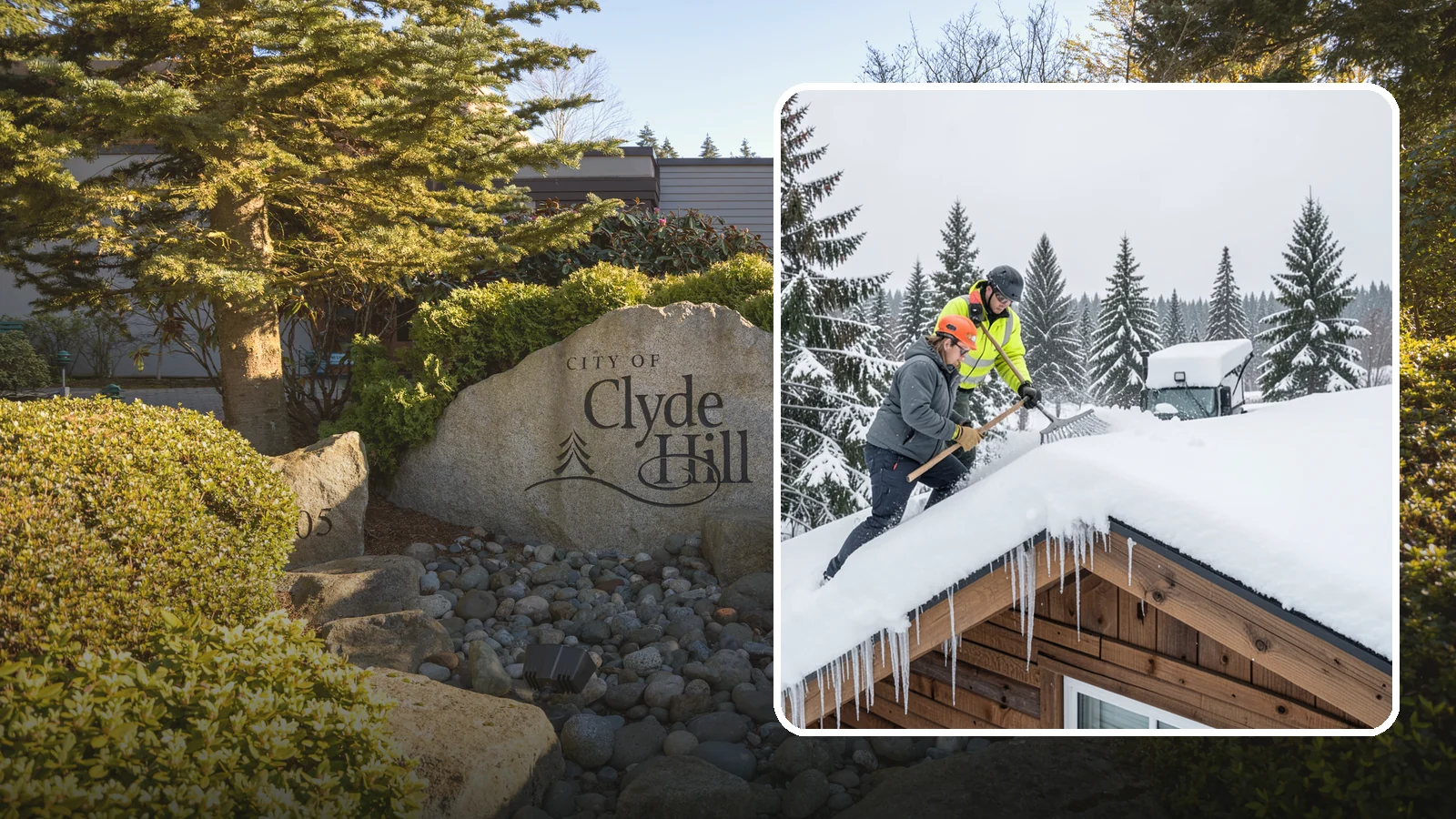 Roof Raking in Clyde Hill, King County, WA - We rake snow off the lower roof edge from the ground to reduce load and cut ice dam risk.