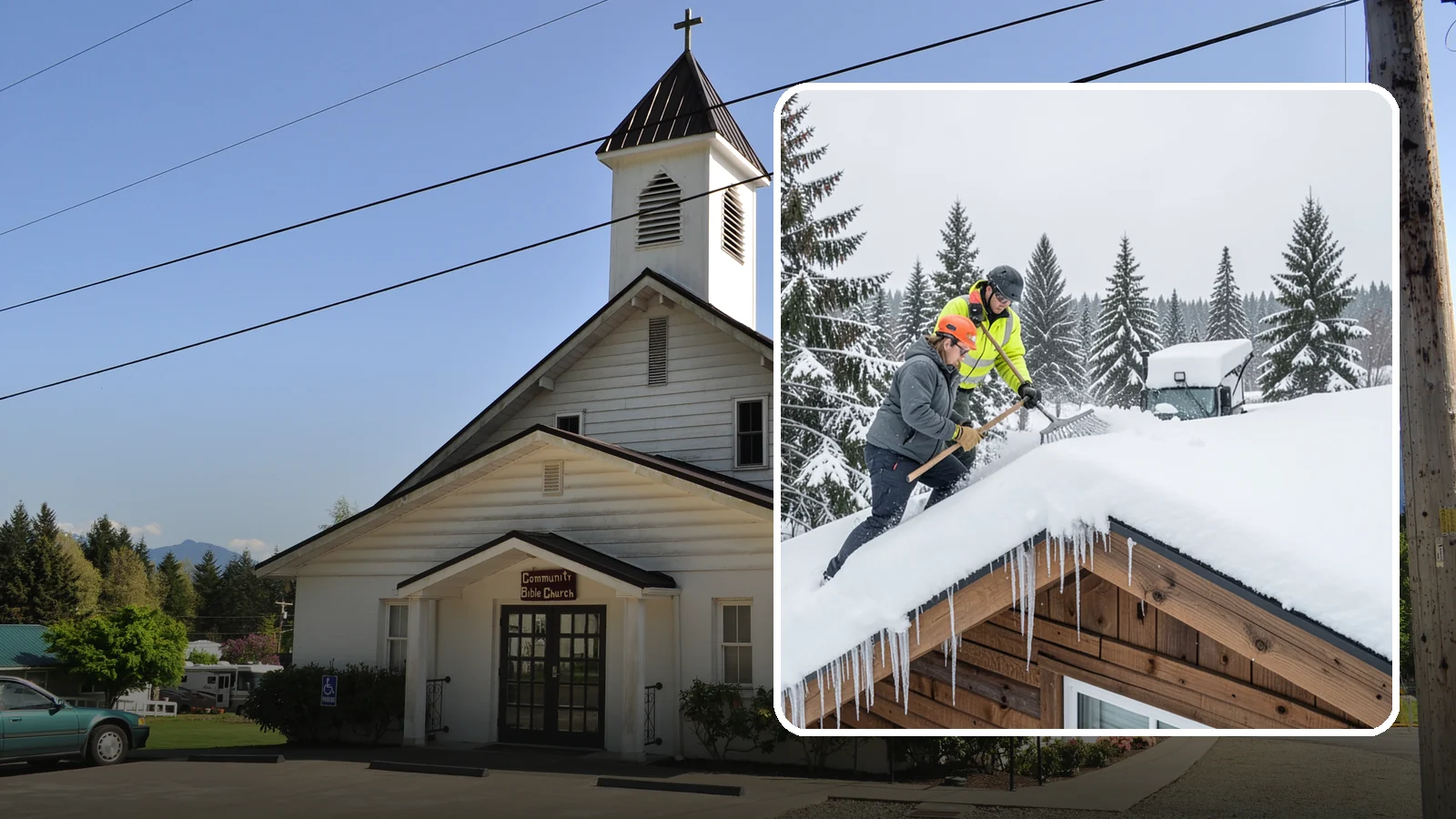 Roof Raking in Concrete, Skagit County, WA - We rake snow off the lower roof edge from the ground to reduce load and cut ice dam risk.