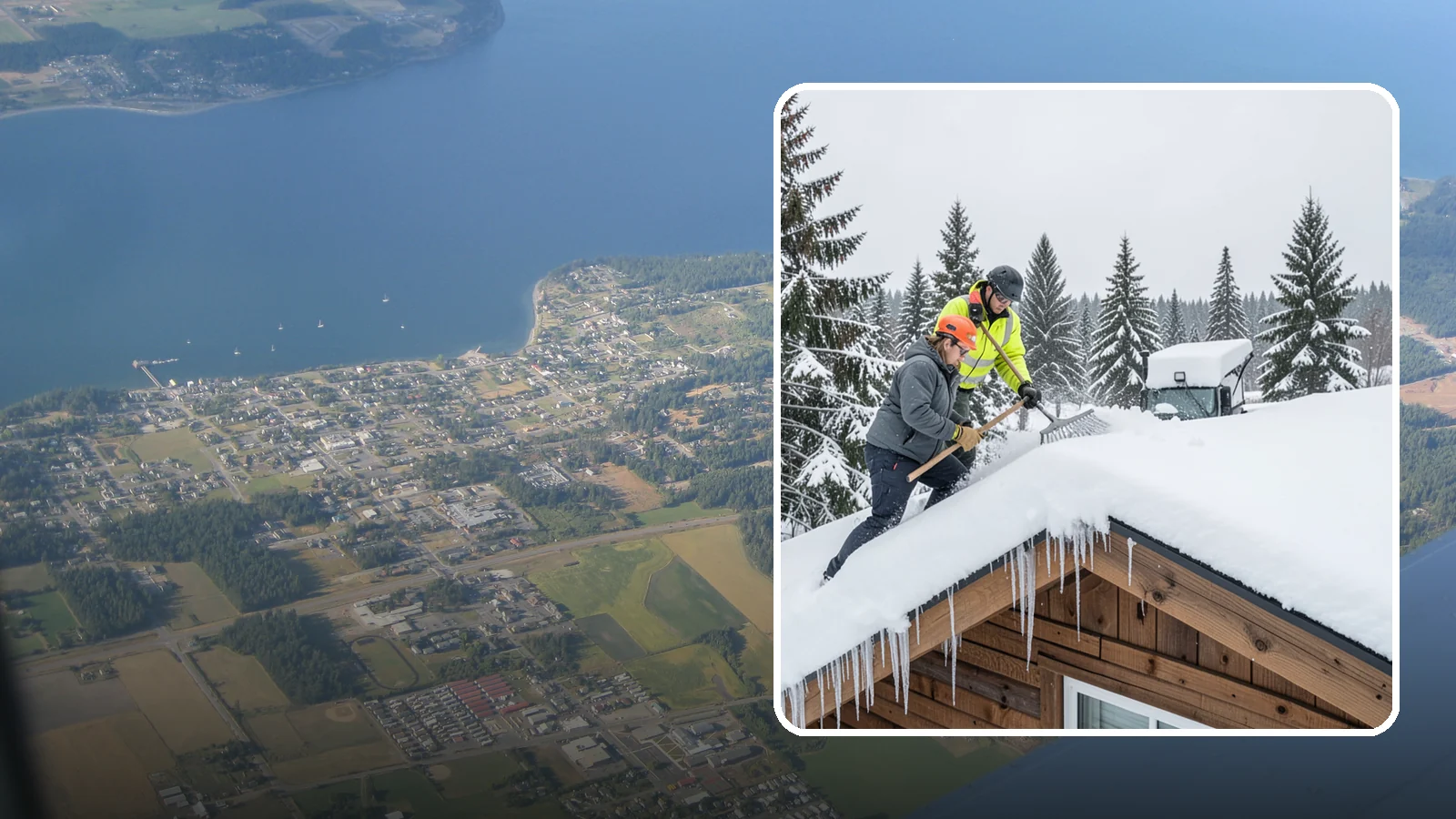 Roof Raking in Coupeville, Island County, WA - We rake snow off the lower roof edge from the ground to reduce load and cut ice dam risk.