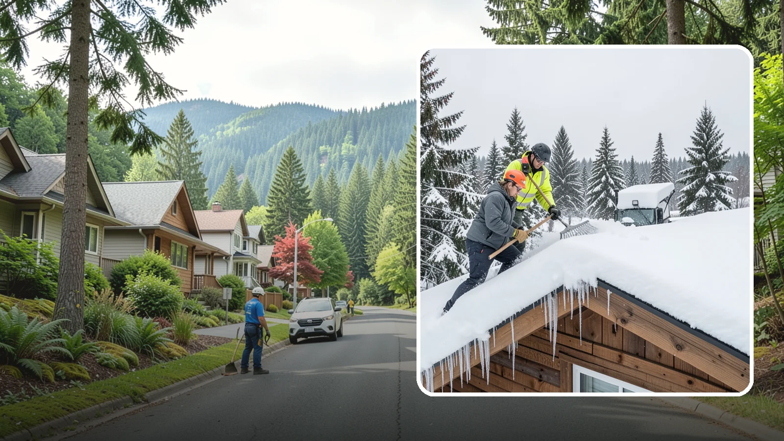 Roof Raking in Darrington, Snohomish County, WA - We rake snow off the lower roof edge from the ground to reduce load and cut ice dam risk.