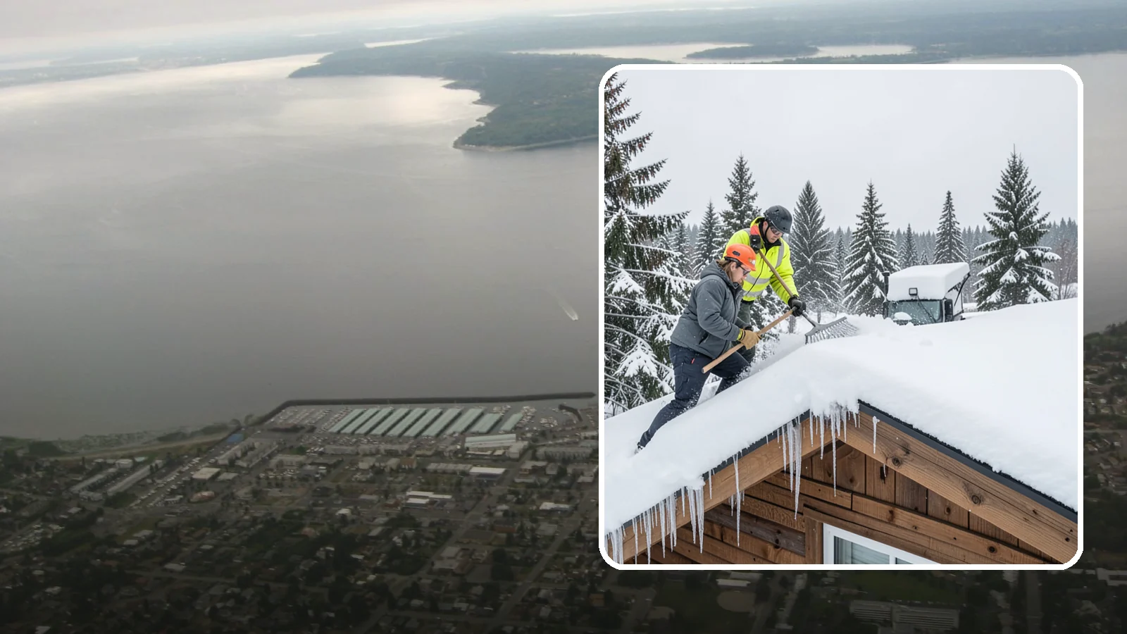 Roof Raking in Des Moines, King County, WA - We rake snow off the lower roof edge from the ground to reduce load and cut ice dam risk.