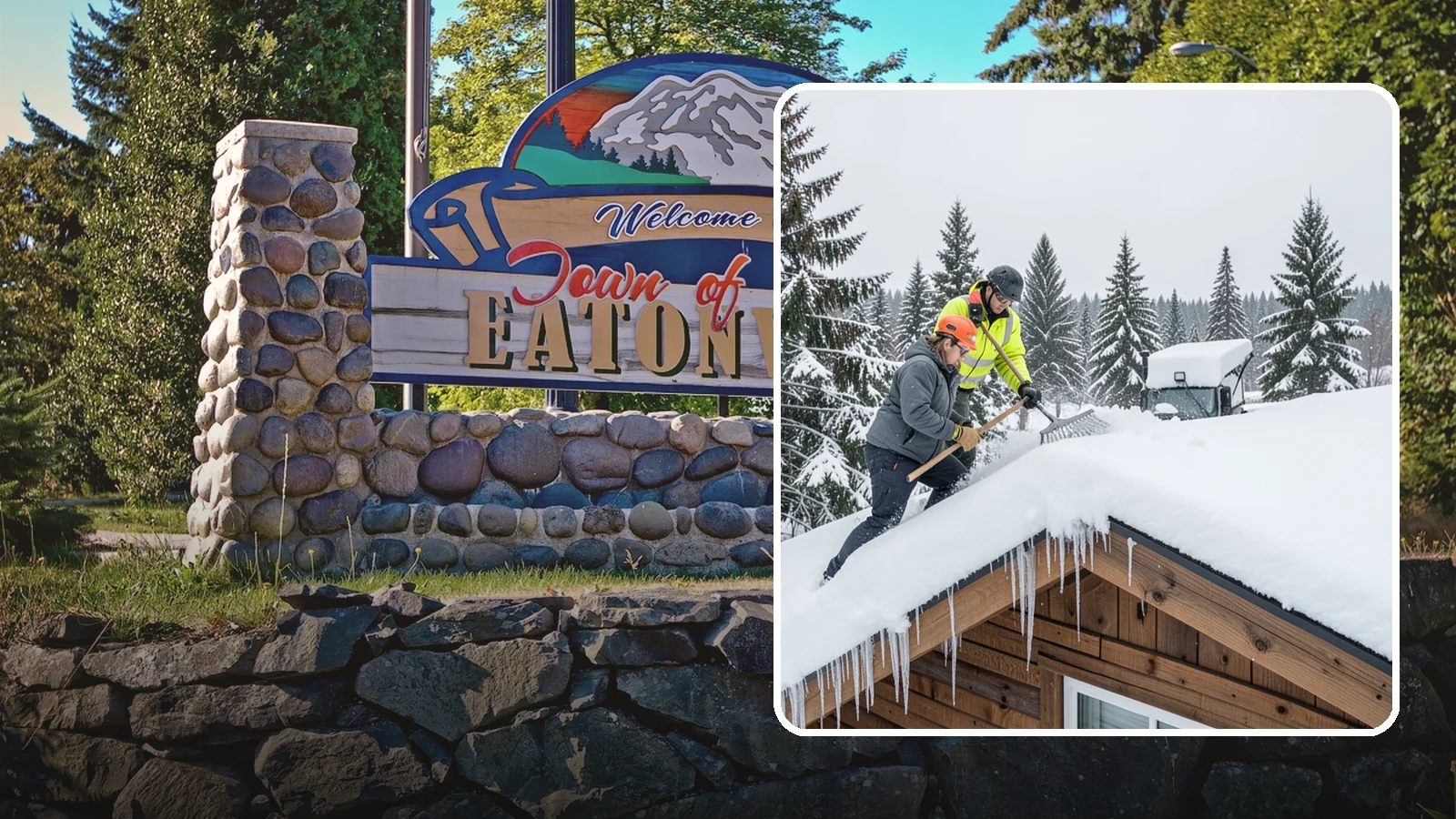 Roof Raking in Eatonville, Pierce County, WA - We rake snow off the lower roof edge from the ground to reduce load and cut ice dam risk.