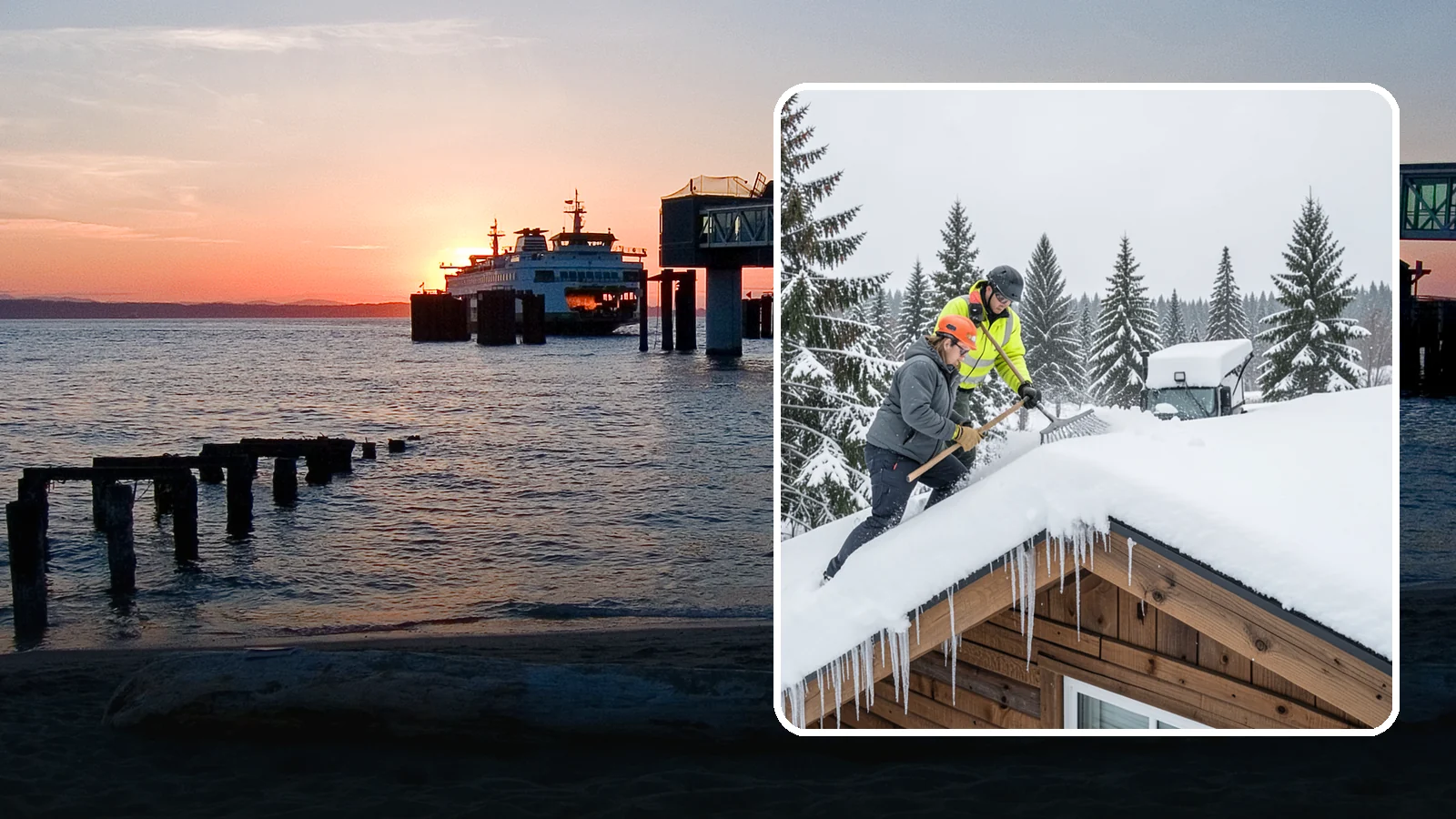 Roof Raking in Edmonds, Snohomish County, WA - We rake snow off the lower roof edge from the ground to reduce load and cut ice dam risk.