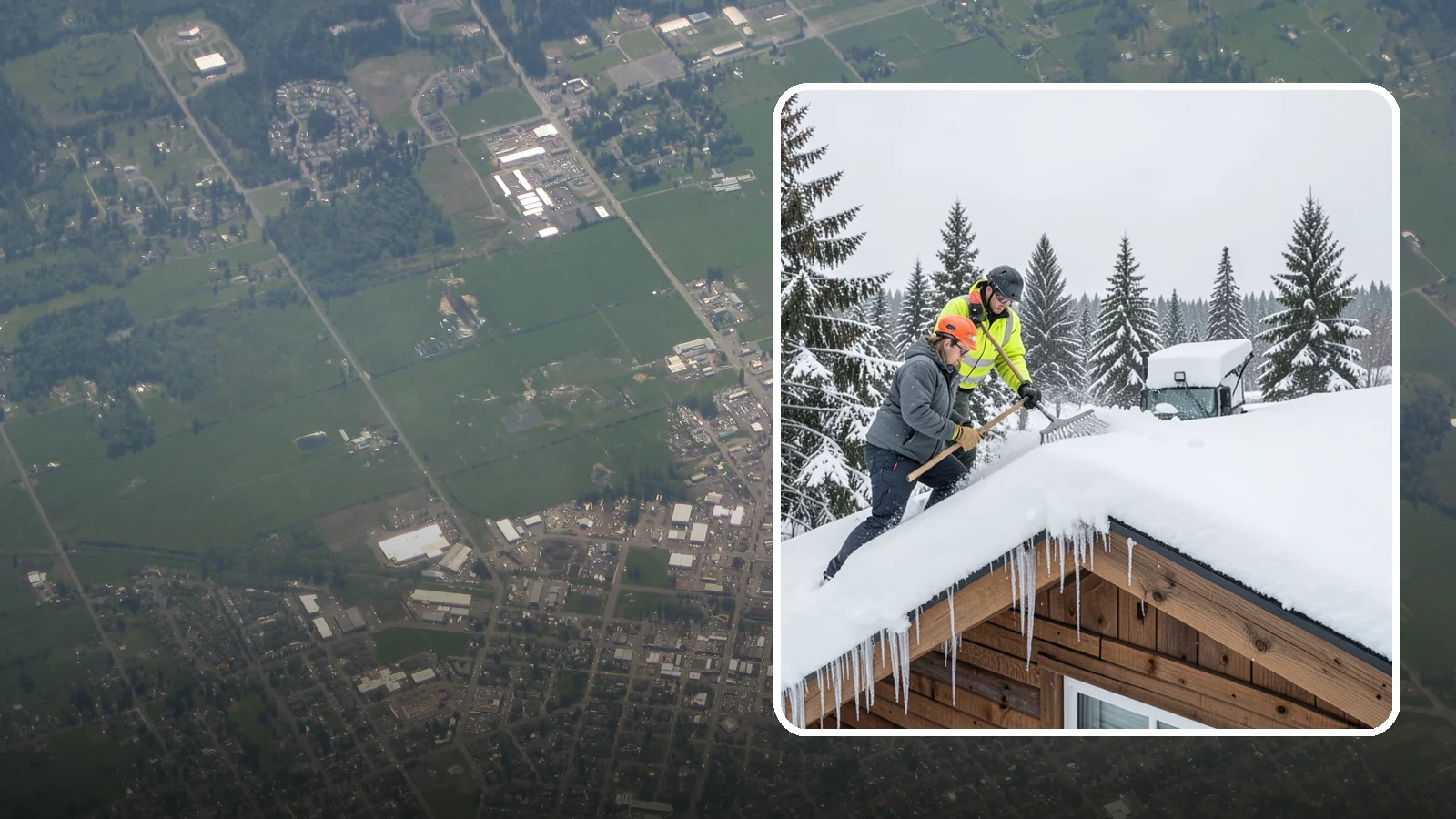 Roof Raking in Enumclaw, King County, WA - We rake snow off the lower roof edge from the ground to reduce load and cut ice dam risk.