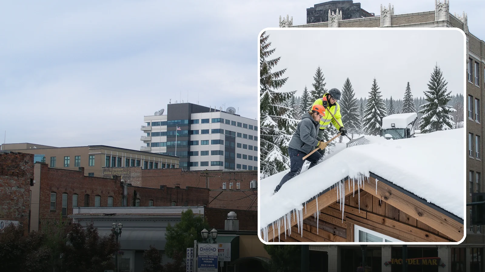 Roof Raking in Everett, Snohomish County, WA - We rake snow off the lower roof edge from the ground to reduce load and cut ice dam risk.